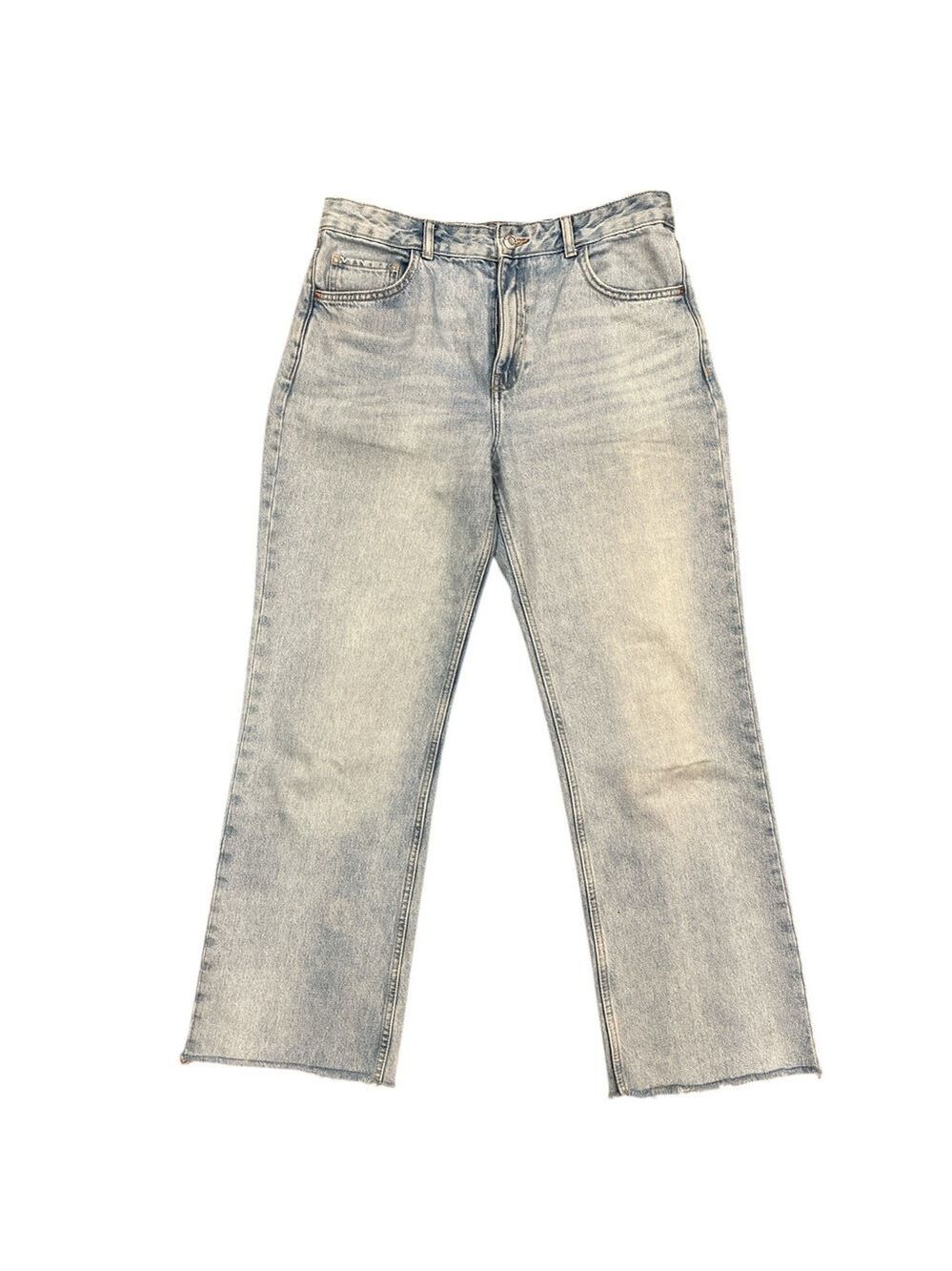 Mango High Rise Straight Leg Jeans Raw Hem Light Wash Minimalist Denim 10